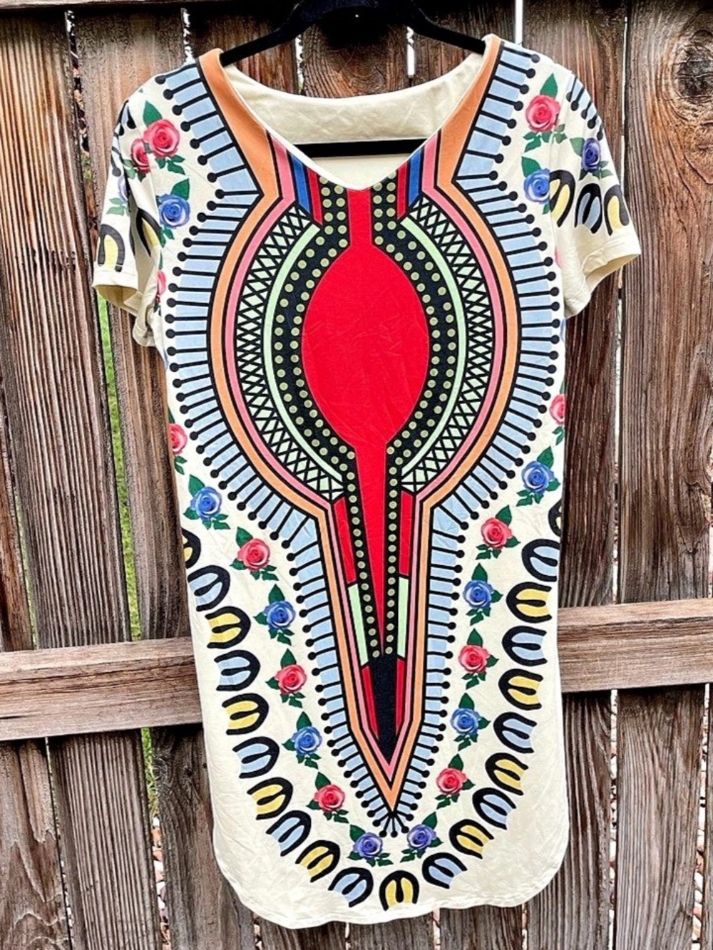 Large Geometric Mini Dress in Cream & Red Large